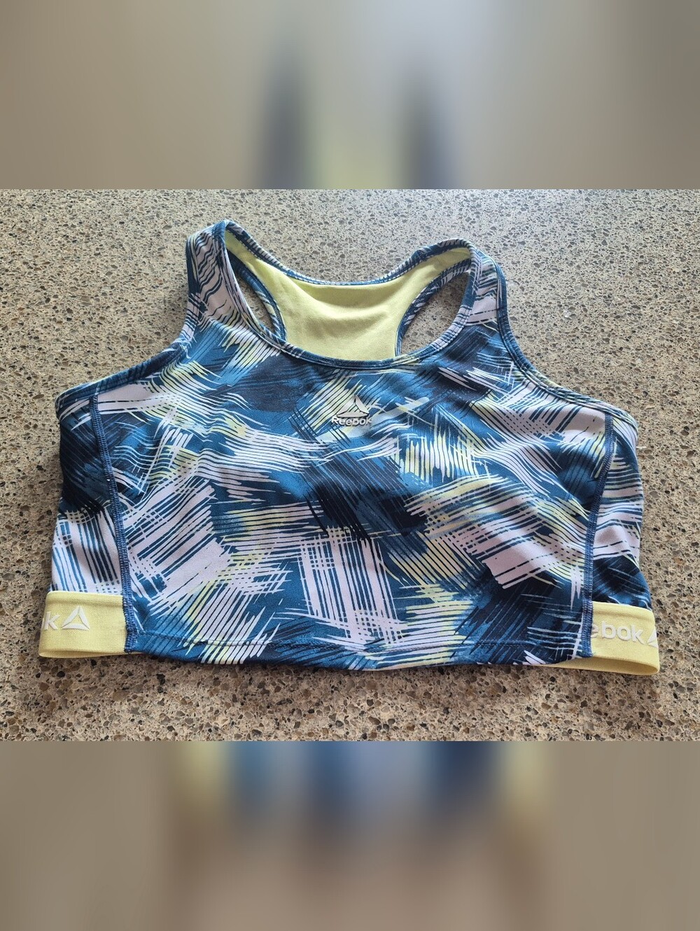 Reebok Sports Bra Womens Large Blue Yellow Abstract Graphic Racerback Athleisure